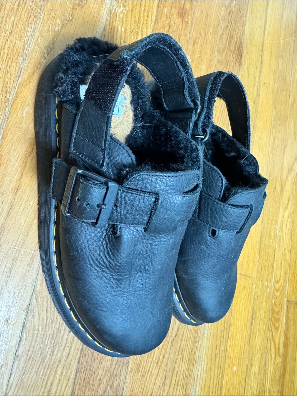 Dr. Martens Black Leather Faux-Fur Lined Clogs with Buckle